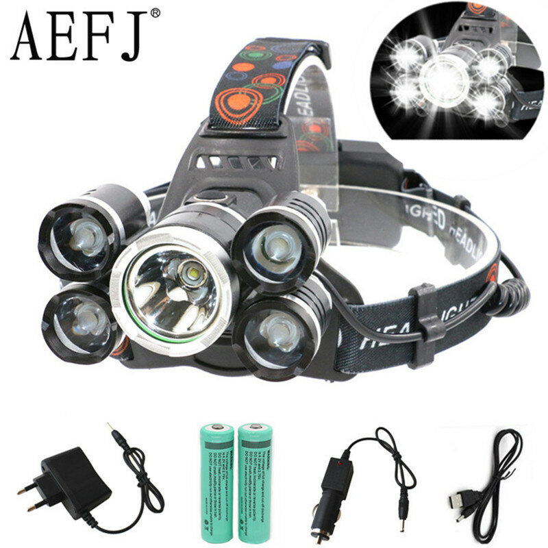 AEFJ LED 헤드라이트, 5000LM 5 * LED, T6 + 2R5, 헤드 램프 조명, 손전등, 토치 랜턴, 낚시