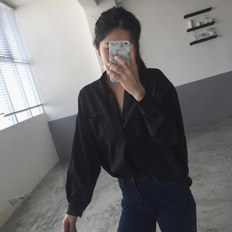 Shirts Women Solid Soft Long Sleeves Loose V-neck Thin Womens Simple All-match Leisure Trendy Chic Elegant Korean Style Students