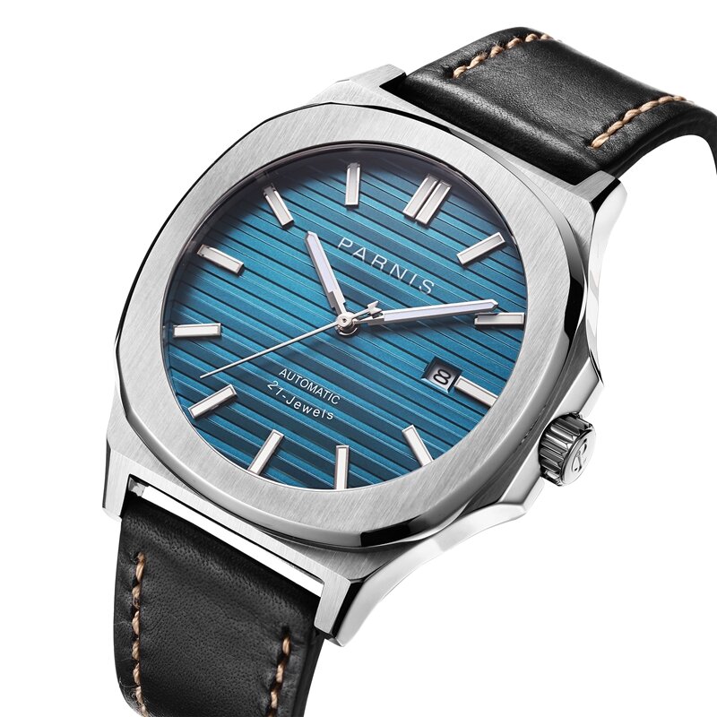 Parnis-reloj mecánico automático para hombre, pulsera con correa de cuero, calendario, esfera azul, 42mm, regalo, 2023