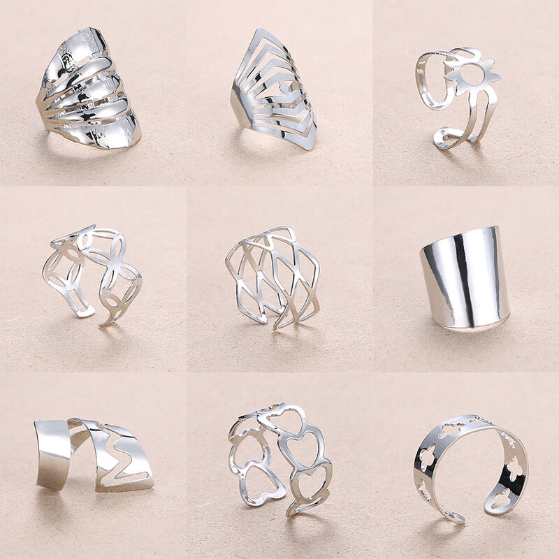 Rinhoo Adjustable Openwork Striped Flower Heart Shaped Geometric Open Ring Stainless Steel Ladies Party Jewelry Rings