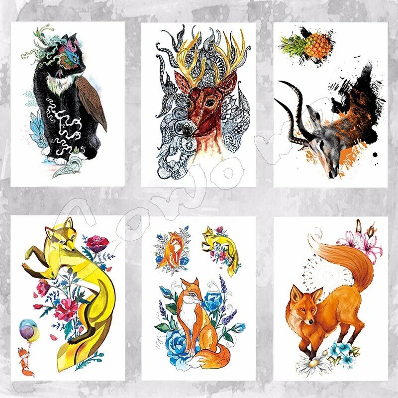 노란색 여우와 깃털 멋진 아름다움 문신 방수 뜨거운 임시 문신 스티커, 모든 종류의 동물