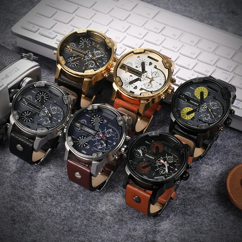 Relógio de quartzo masculino Big Case, Relógios de pulso militar masculino, Relógio impermeável, Dual Time Displays, 52mm
