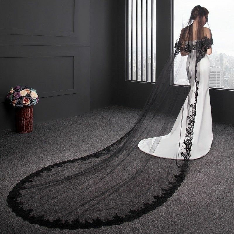 Hot Two-Layer White Ivory Black Real Image Bridal Veil Lace Appliques Cathedral Length Wedding Custom Made Free Comb Veils