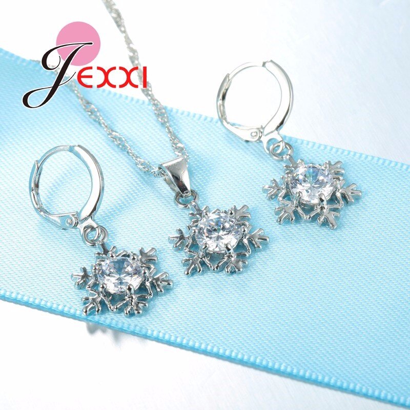 Elegant Women Snowflake Pendant Crystal 925 Sterling Silver Chain Necklace+Earrings Set Female Fashion Wedding Christmas Jewelry