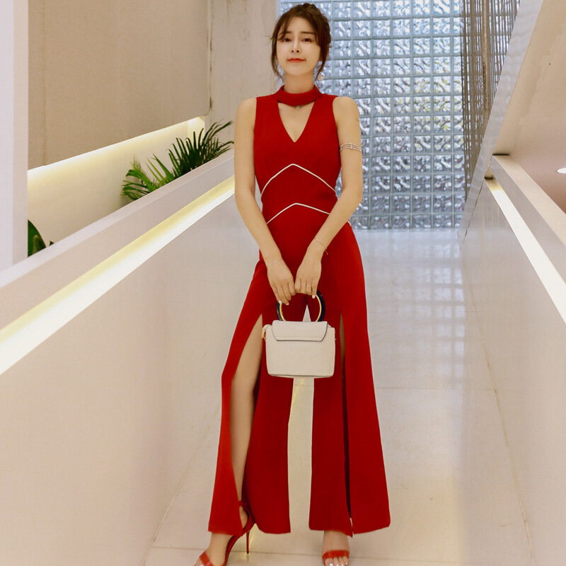 Summer Office Red Stand-up Collar Hollow Out Sleeveless Jumpsuit Women Long Pants Trousers Sexy Lady Bodysuit Catsuit Overall
