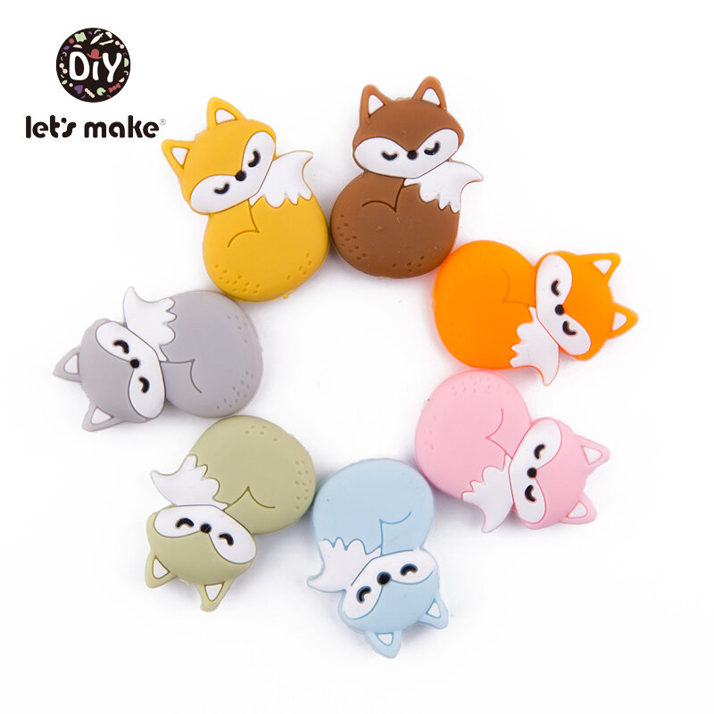 Let's Make Silicone Beads Teething Cartoon Fox Beads Animals 5pcs DIY Pacifier Clip For Children Newborn Baby Teether For Teeth