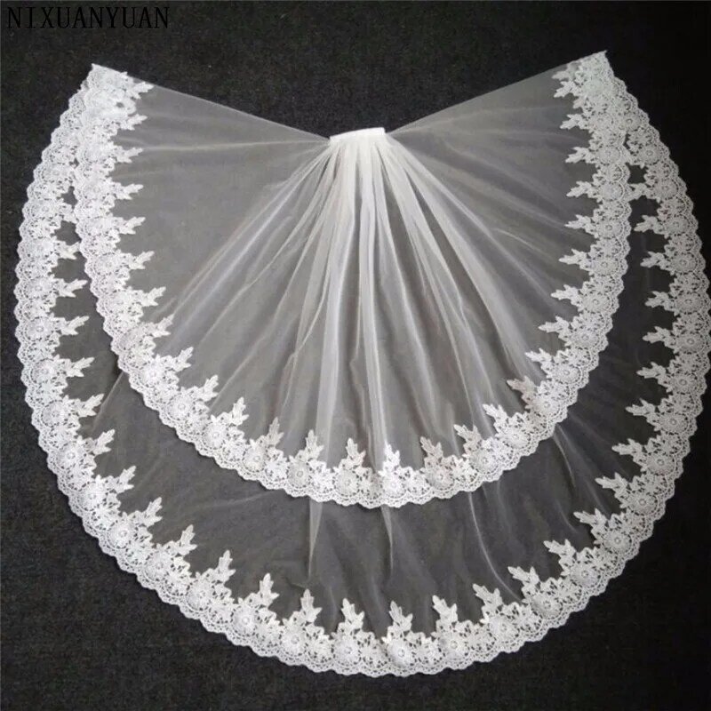 2023 Elegante Véus De Noiva Borda Do Laço de Duas Camadas Véu De Noiva Tule Marfim Branco 2018 veu noiva Acessórios Com Pente