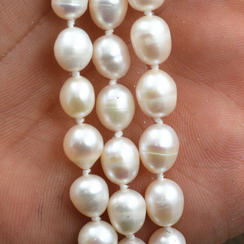 Akoya-collar de perlas de arroz blanco natural, 3 filas, 7-8mm, 17-19"