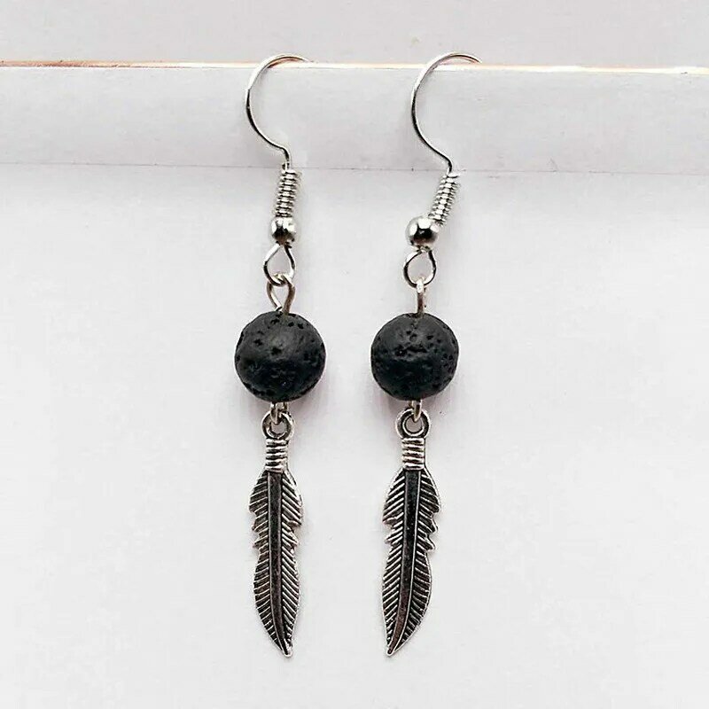 Fashion Feather Charms Aromatherapy Earrings Black Lava Bead DIY Essential Oil Diffuser Earrings  Jewelry