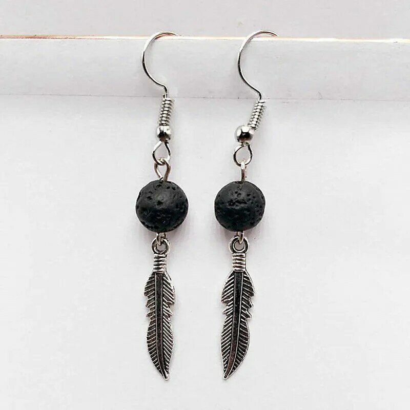 Breloques en plumes pour aromathérapie, boucles d'oreilles, perle de lave noire, diffuseur d'huile essentielle, bricolage, bijoux