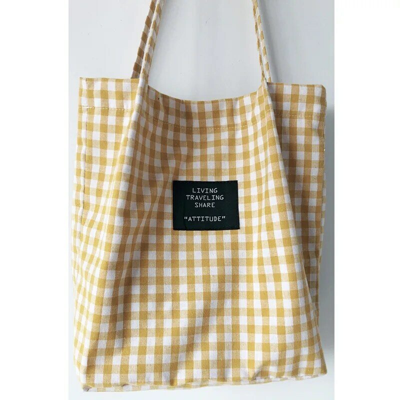 Borsa a tracolla singola in lino di cotone per studenti durevoli di moda Shopping Tote Check Plaid borse per la spesa in tela di lino femminile