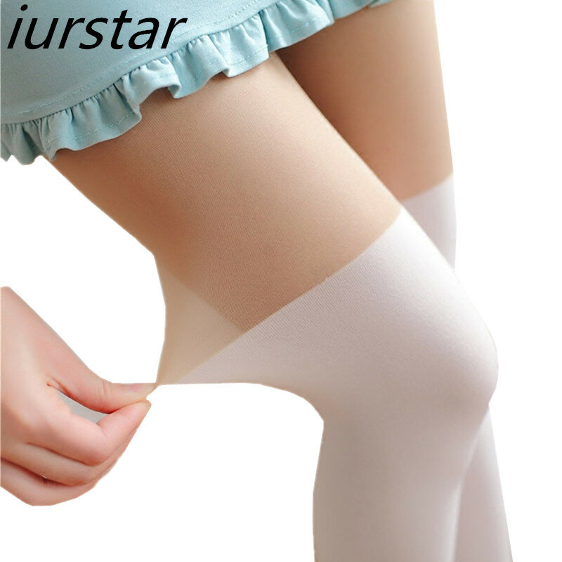 Celana Ketat Putih Putri Lucu Di Atas Lutut Garis Ganda Tipis Putih Godaan Tipis Tiruan Suspender Patchwork Pantyhose Ketat