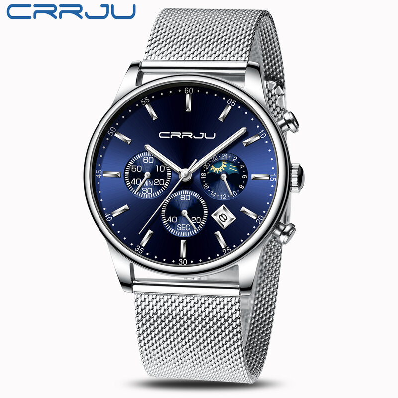 Relógio quartzo masculino luxuoso, com pulseira prateada azul de discagem diária à prova d'água esportivo 2019