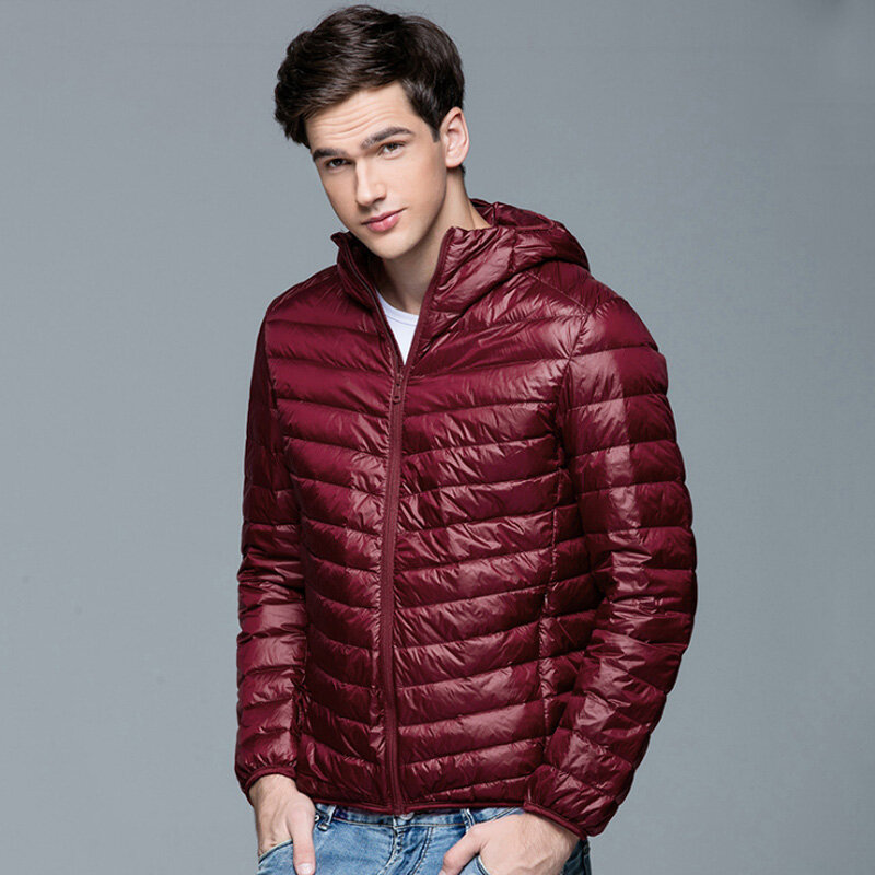 남성용 푹신한 겨울 코트 패션 후드 덕 다운 재킷, 초경량 퍼퍼 다운 코트, 휴대용 슬림 깃털 충전 파카, 5XL 6XL