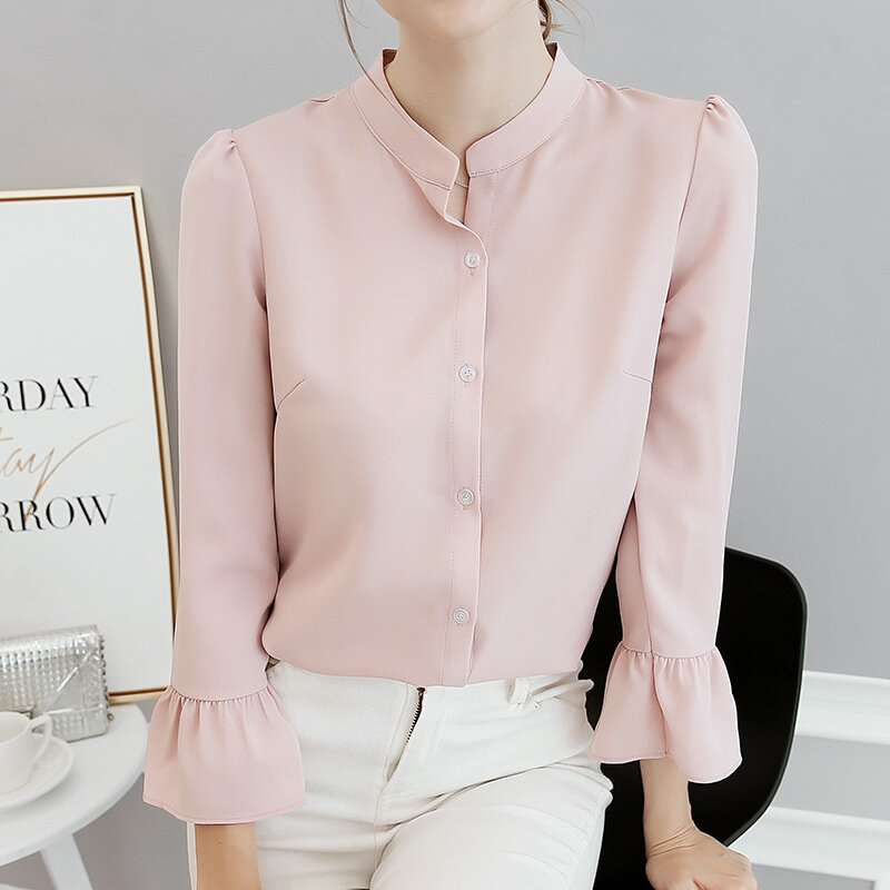 Женская шифоновая рубашка с длинным рукавом, однотонная блузка для офиса, приталенная рубашка для отдыха, H9115, весна-лето