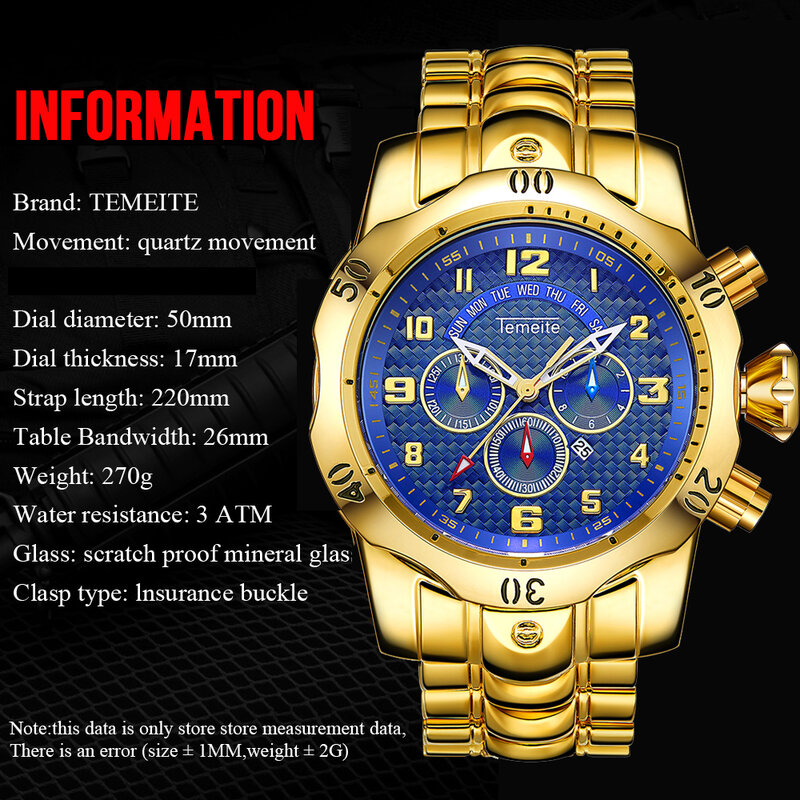 Frete Grátis TEMEITE Relogio masculino Relógio de Quartzo dos homens Relógios Homens de Ouro de Luxo Homem de Negócios Relógio de Pulso À Prova D' Água