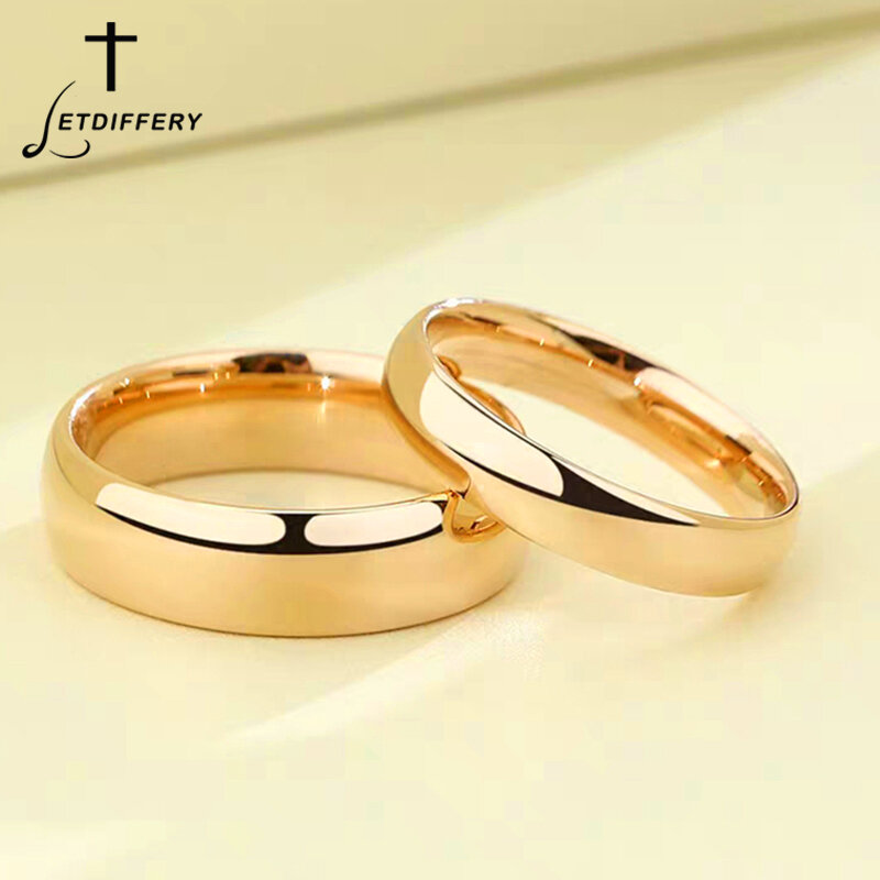 Letdiffery cincin pasangan, perhiasan cincin pertunangan hadiah pernikahan Pria Wanita 4MM sederhana warna emas baja tahan karat, cincin pasangan halus