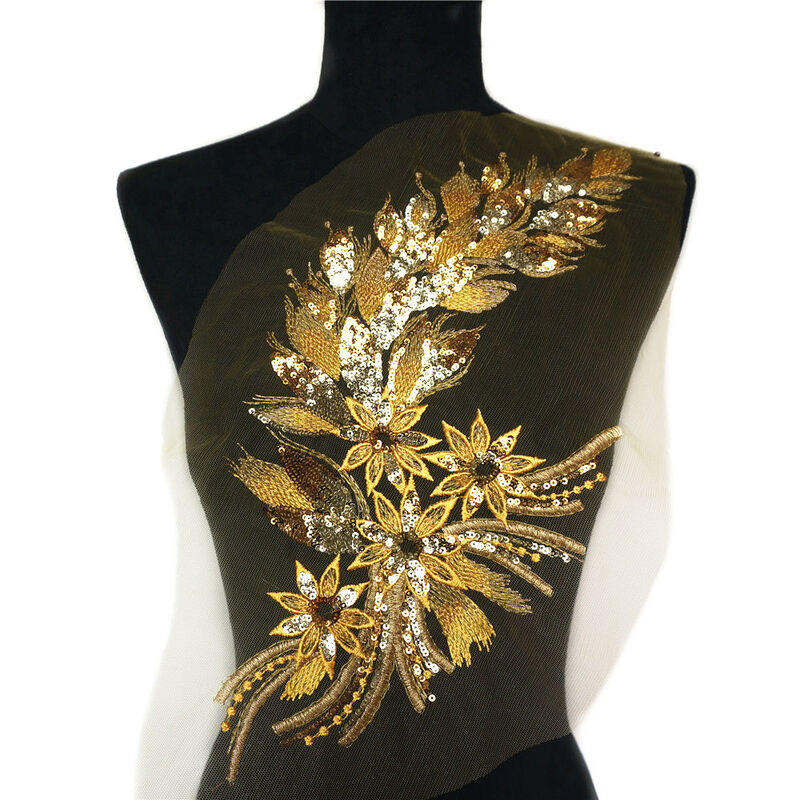 Niebieskie czarne złote cekiny pióro ogon kwiaty aplikacje koronki wykończeniowe siatki przyszyć na łacie haft na suknię ślubną dekoracji DIY