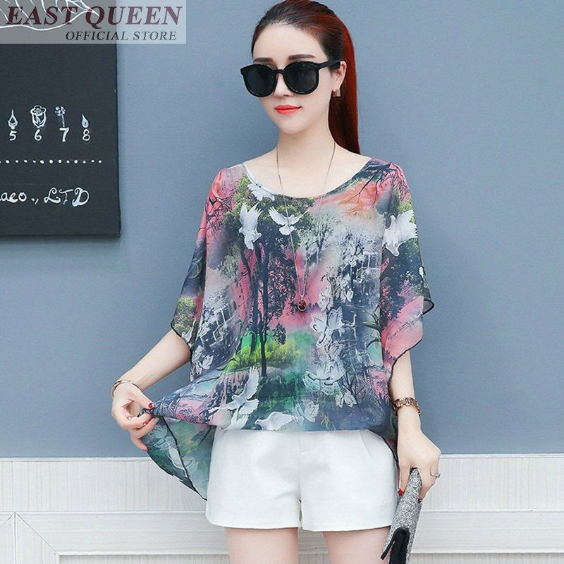 Women summer blouse 2018 feminine shirts spliced fashion o-neck short batwing sleeve floral print chiffon blouse tops DD594 L