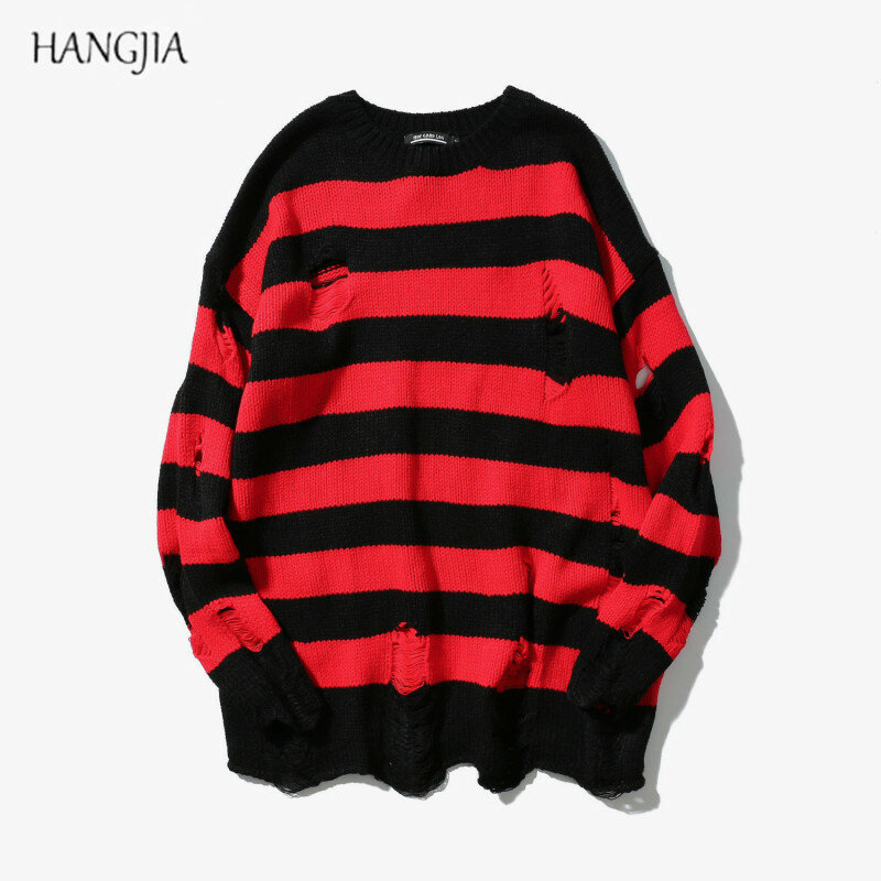 Pull rayé rayé noir et rouge pour homme et femme, vêtement surdimensionné en tricot, délavé et déchiré, Harajuku