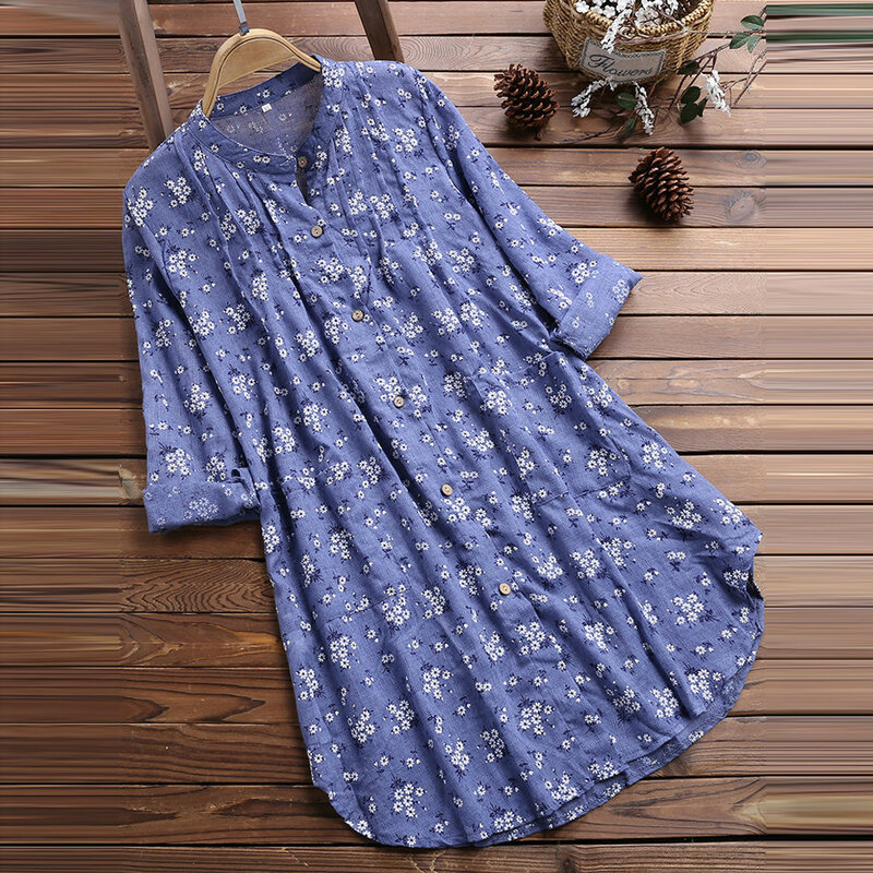 Blusa plisada de manga larga con estampado Floral para Mujer, camisa informal de media manga con cuello en V, ropa para Mujer