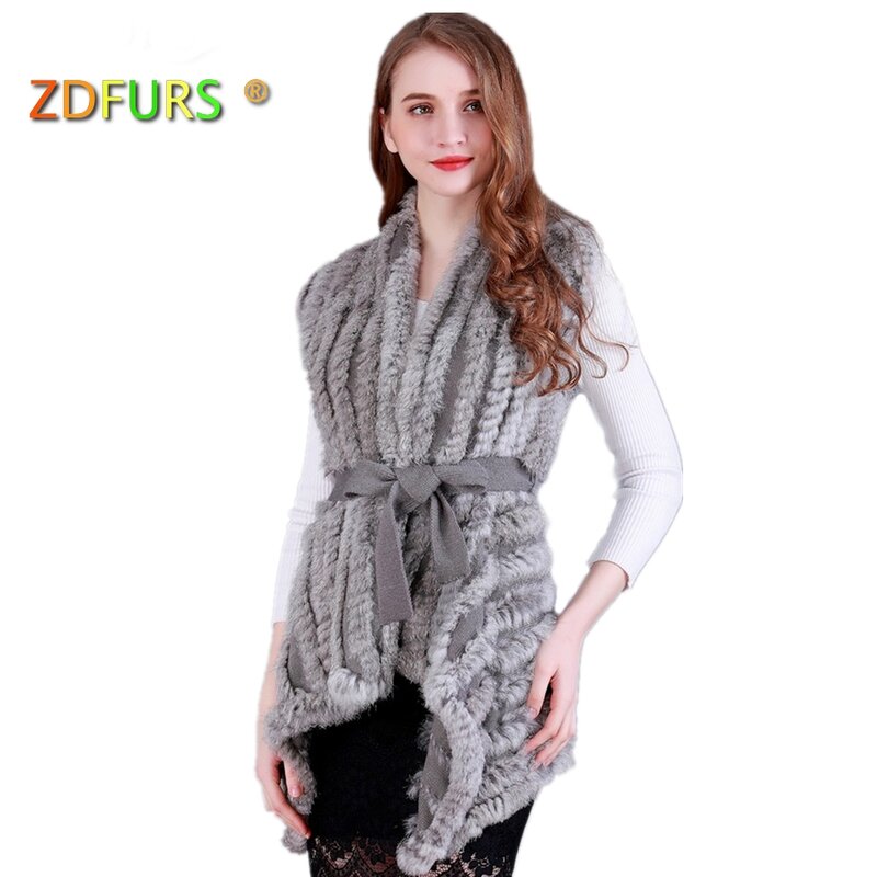 ZDFURS * ผู้หญิงของแท้ถักกระต่ายขนสัตว์เสื้อกั๊กเข็มขัดเสื้อกันหนาวเสื้อกั๊กขายส่ง Drop Shipping