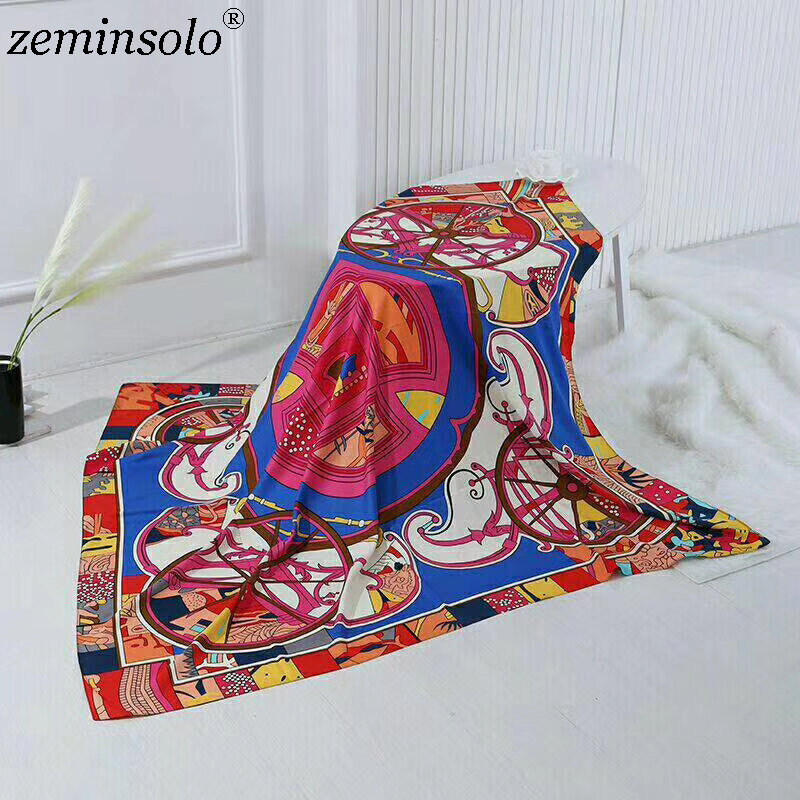 Zeminsolo 100% jedwabny szalik kobiety duże szale etole drukowane kwadratowe chustki Echarpes Foulard Femme Satin Wrap Bandana 130*130cm