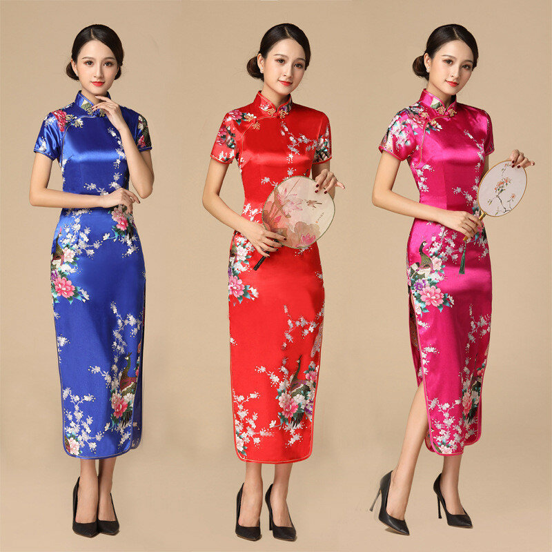 فستان صيني تقليدي مزين بالورود وطاووس للنساء ، ياقة اليوسفي عتيقة ، تشيباو ، شيونغسام كبير الحجم طويل نحيف 3XL 4XL 5XL 6XL