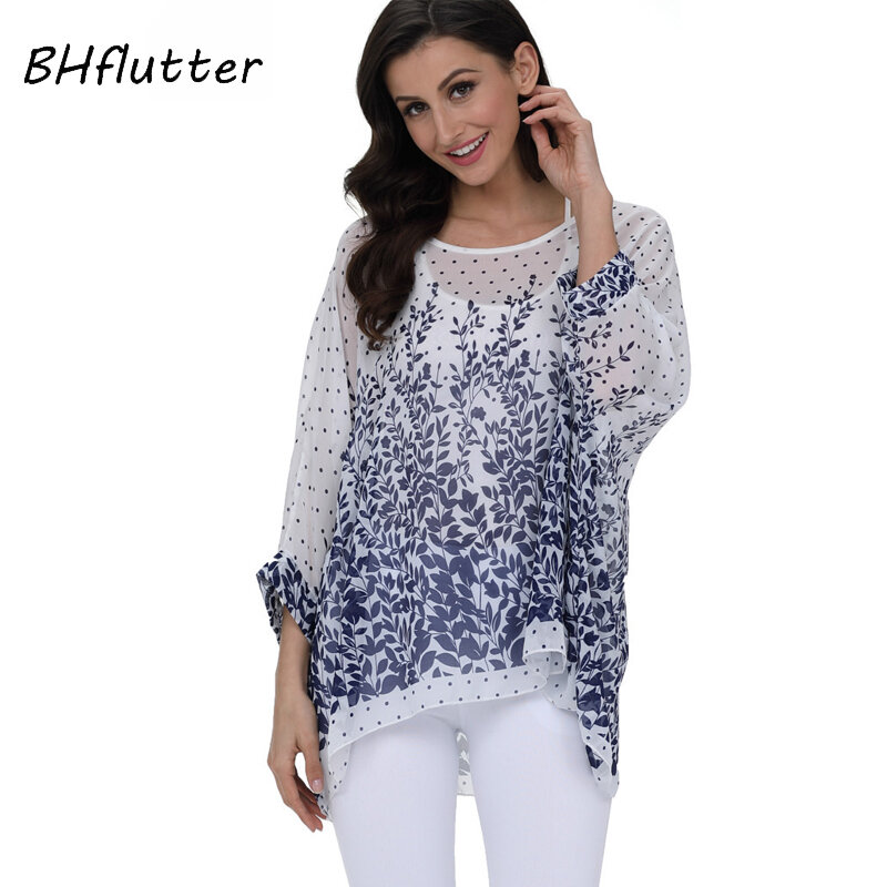 BHflutter-Blusa de Chifón con manga murciélago para mujer, camisa informal con estampado Floral, talla grande 4XL, 5XL, 6XL, para verano, 2018