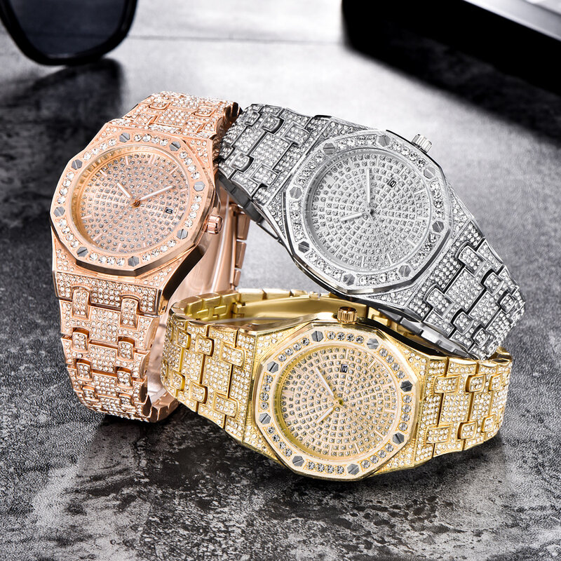 Luksusowy błyszczący diament zegarek dla mężczyzn iced-out różowe złoto ze stali nierdzewnej męskie zegarki kwarcowe człowiek wodoodporny data sukienka zegarek