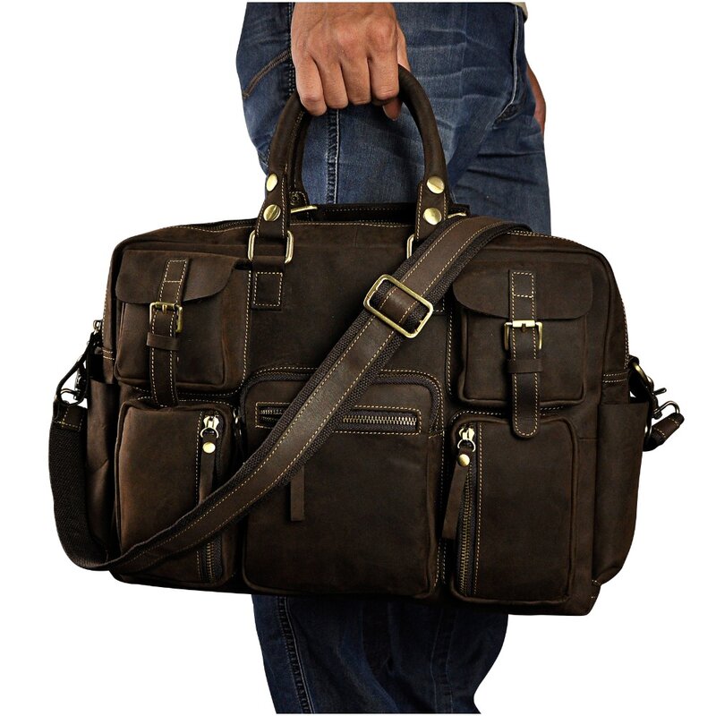 Crazy Horse Leather Fashion Business Briefcase Messenger Bag Male Design Travel Laptop Document Case Tote Portfolio Bag 3061-d