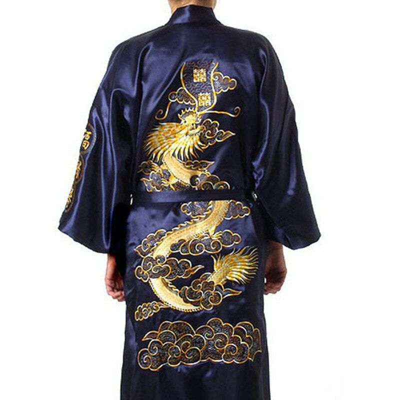 Granatowy chiński męski satynowy jedwabny szlafrok haft Kimono szlafrok smok rozmiar S M L XL XXL XXXL S0008