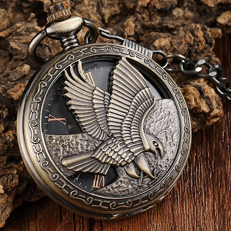 Steampunk Copper Eagle Hollow Vintage Cơ Pocket Watch Pendant Retro Skeleton Chữ Số La Mã Fob Tay Watch Với Chain