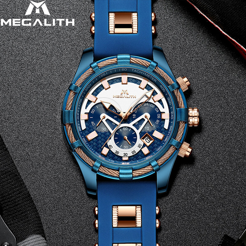 MEGALITH мужские часы лучший бренд класса люкс Синий силиконовый ремешок водонепроницаемый спортивный хронограф кварцевые наручные часы Relogio ...