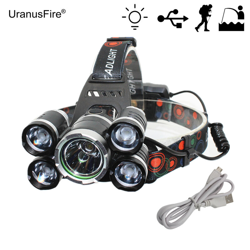 5 LEDไฟหน้า1x T6 + 4x XPE LED USBชาร์จไฟหน้าไฟฉายสำหรับกลางแจ้งล่าสัตว์ตกปลาจักรยานด้วยสายUSB