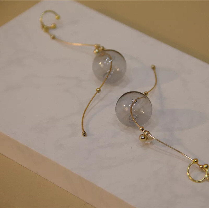 Color Keep 1 Year ! 14K Gold ins Cool Copper Glass Ball Wire Ear Cuff For Women Original Bubbles Korean Long Earrings 2019
