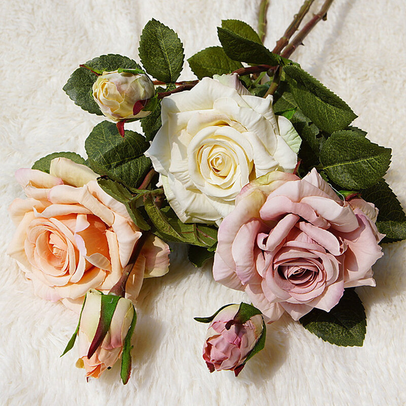 Bela rosa flores de seda artificial grande decoração de casa retro falso branco faux rosa flores artificiais decoração do casamento do vintage
