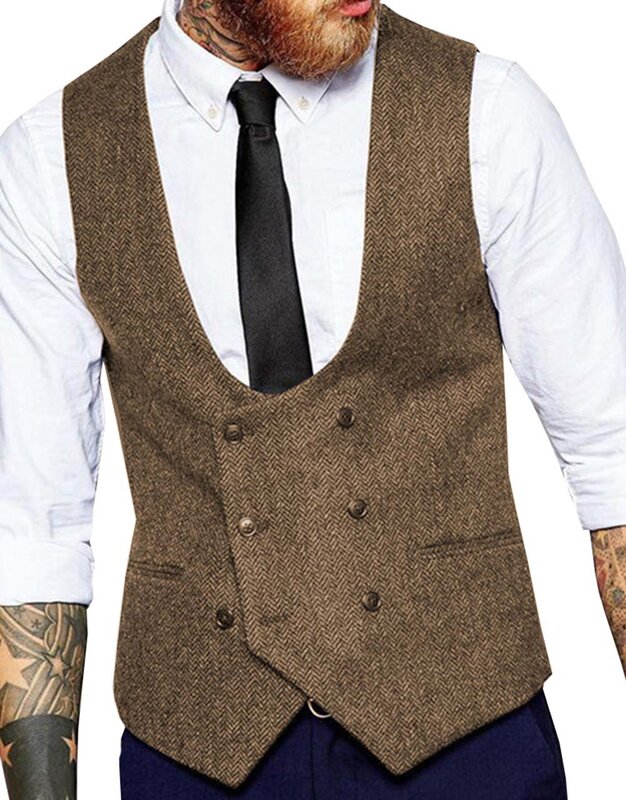 2020 New Men's Double-breasted Vest Slim Fit Woolen/Tweed Suit Vest Casual Top Quality Herringbone Pattern Waistcoat Groomsmen