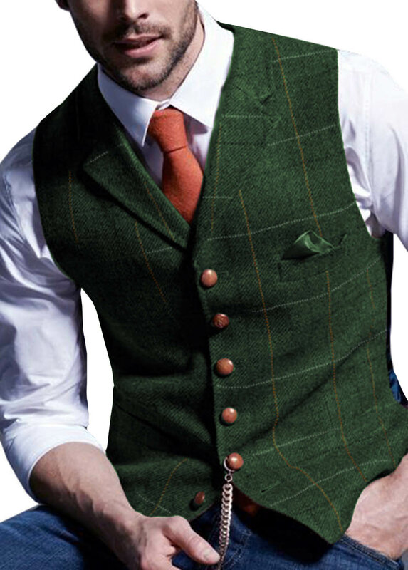 Mens Suit Vest Notched Plaid Wol Visgraat Tweed Vest Casual Formele Zakelijke Groomman Voor Bruiloft Groen/Zwart/Groen /Grijs