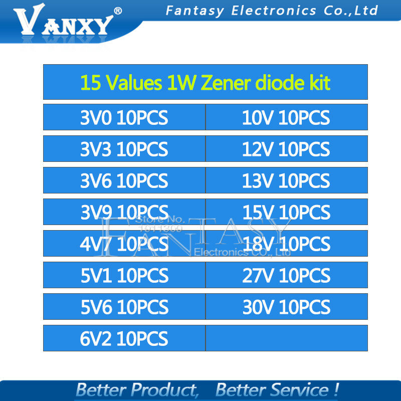15 valori * 10pcs = 150pcs 1W Zener kit diodo DO-41 3 V-30 V componente kit fai da te nuovo e originale