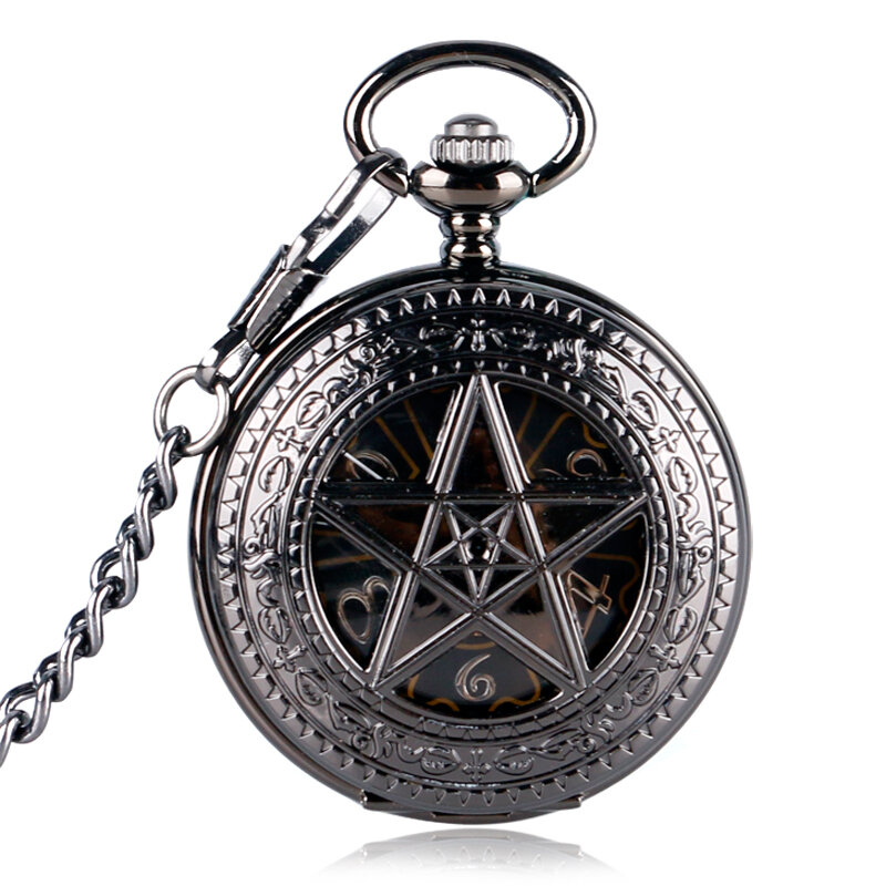 Reloj de bolsillo negro con patrón de corona de viento de mano, reloj de bolsillo de hora caliente, serie de TV Supernatural Fob, pentagrama mecánico, Steampunk, regalo de Navidad