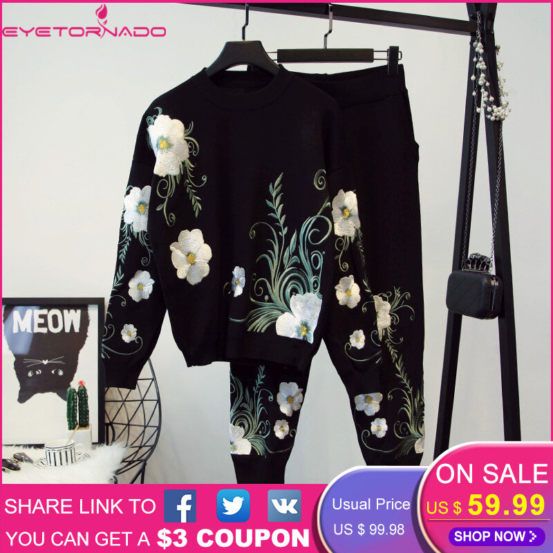 Wanita 2 Sepotong Celana Set Bordir Bunga Rajutan Sweater Top + Panjang Pensil Celana Set Kasual Pakaian Latihan Yg Hangat Pakaian 7491