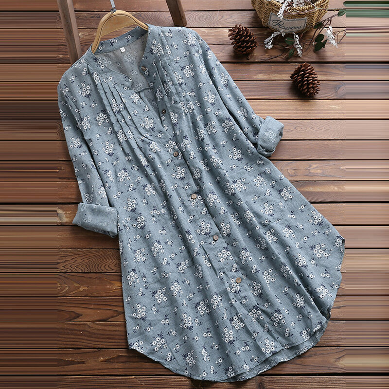 Blusa plisada de manga larga con estampado Floral para Mujer, camisa informal de media manga con cuello en V, ropa para Mujer