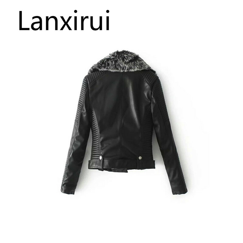 Lanxirui modny futrzany kołnierz prosta narzutka płaszcz wierzchnia płaszcz czarna sztuczna skóra płaszcz kurtka ze skóry sztucznej kobiet
