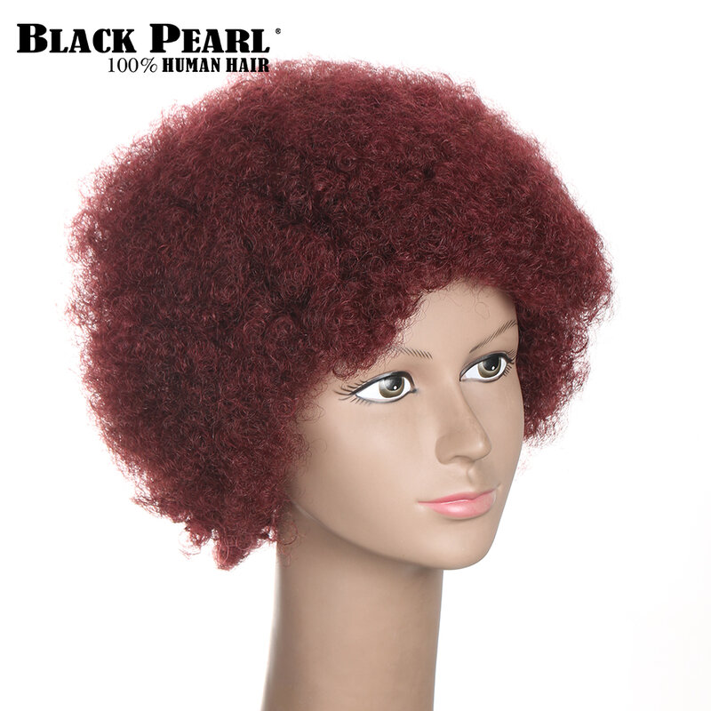 Wig hitam mutiara pendek keriting anggur merah wig pendek Pixie rambut manusia wig Afro untuk wanita hitam wig rambut keriting Amerika Afrika 99j