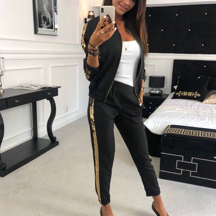 ZOGAA 2019 women sports suit casual sequins stitching jacket trousers sweat suits women two piece set top and pants tracksuit