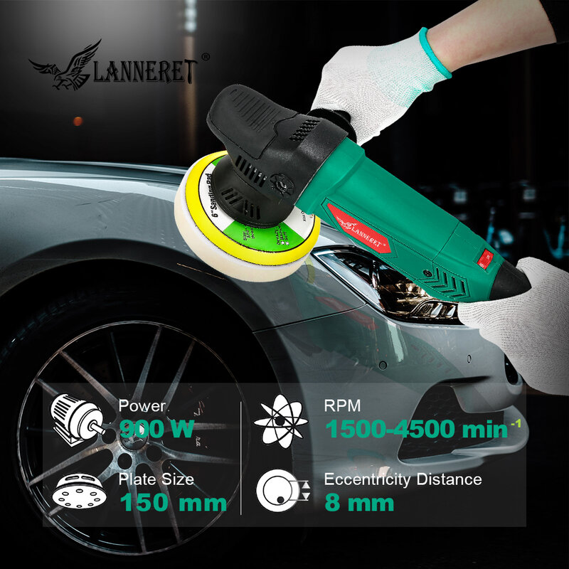 LANNERET 6'' Dual Action Polisher 150mm 900W Variable Speed Electric Polisher Shock and Polishing Machine Cleaner Polishing Pad