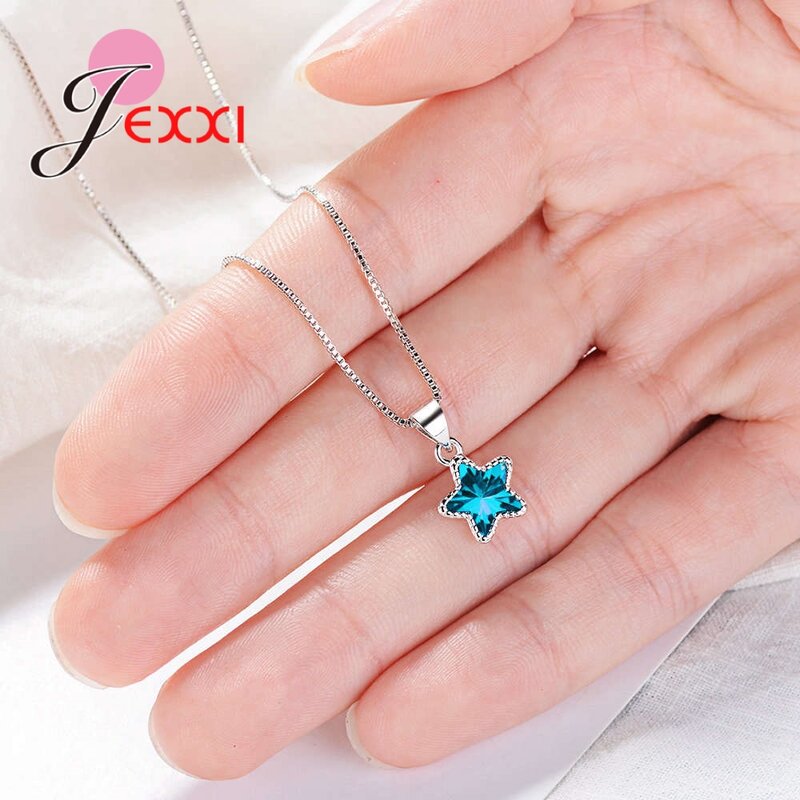 925 Sterling Silver Necklace Trendy Blue Star Shape Crystal Exquisite Jewelry For Women Ladies Wedding Engagement Party