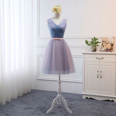Beauty-Emily Tulle Pink Bridesmaid Dresses 2019 Short V-neck Lace A line  Wedding Party Gown Formal Dress  Robe De Soiree