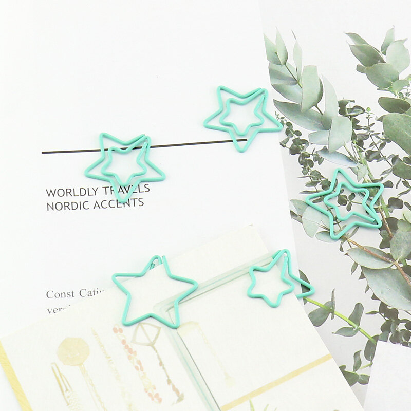 15pcs/box Green Star Shape Plastic Coated Paper Clips Colored Bookmark Memo Clips Escolar Papelaria Gift Stationery